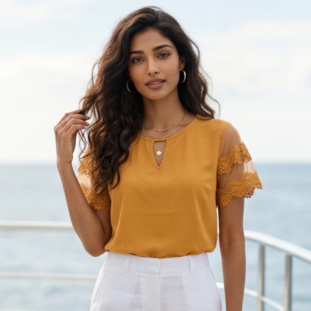 Mustard Ochre Crochet Lace Mesh Sleeve Crepe Blouse S Fall Romantic Workwear
